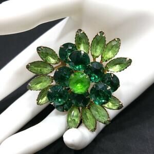 Vintage Green Rhinestone Brooch, 3D Flower, Riveted Prong Set, 1950s, 2 1/8" In